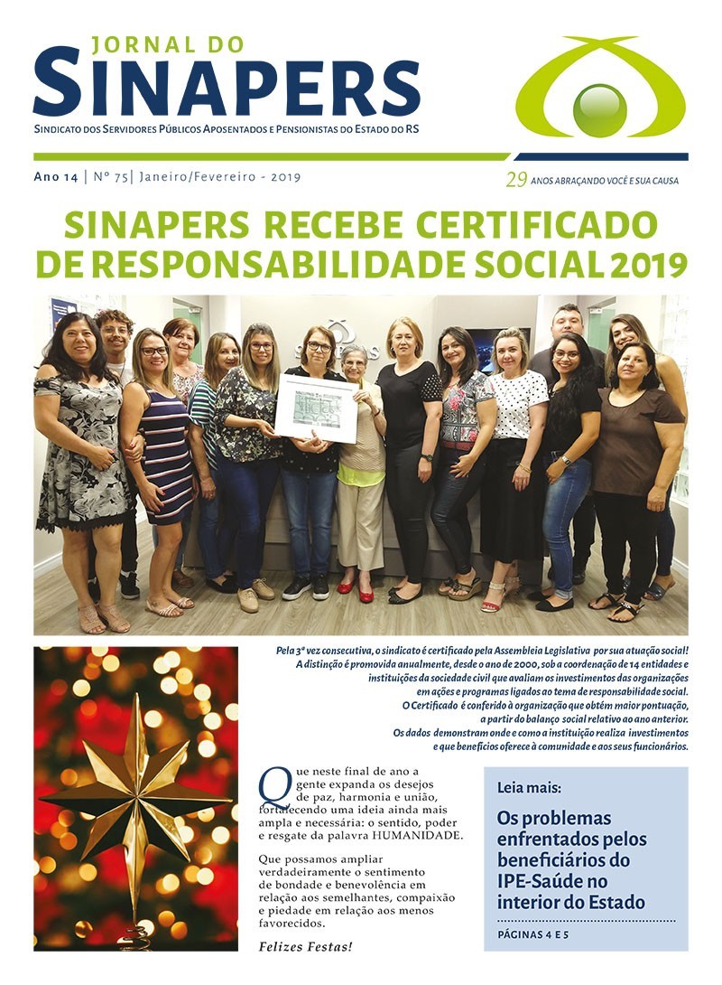 SINAPERS recebe Certificado de Responsabilidade Social 2019