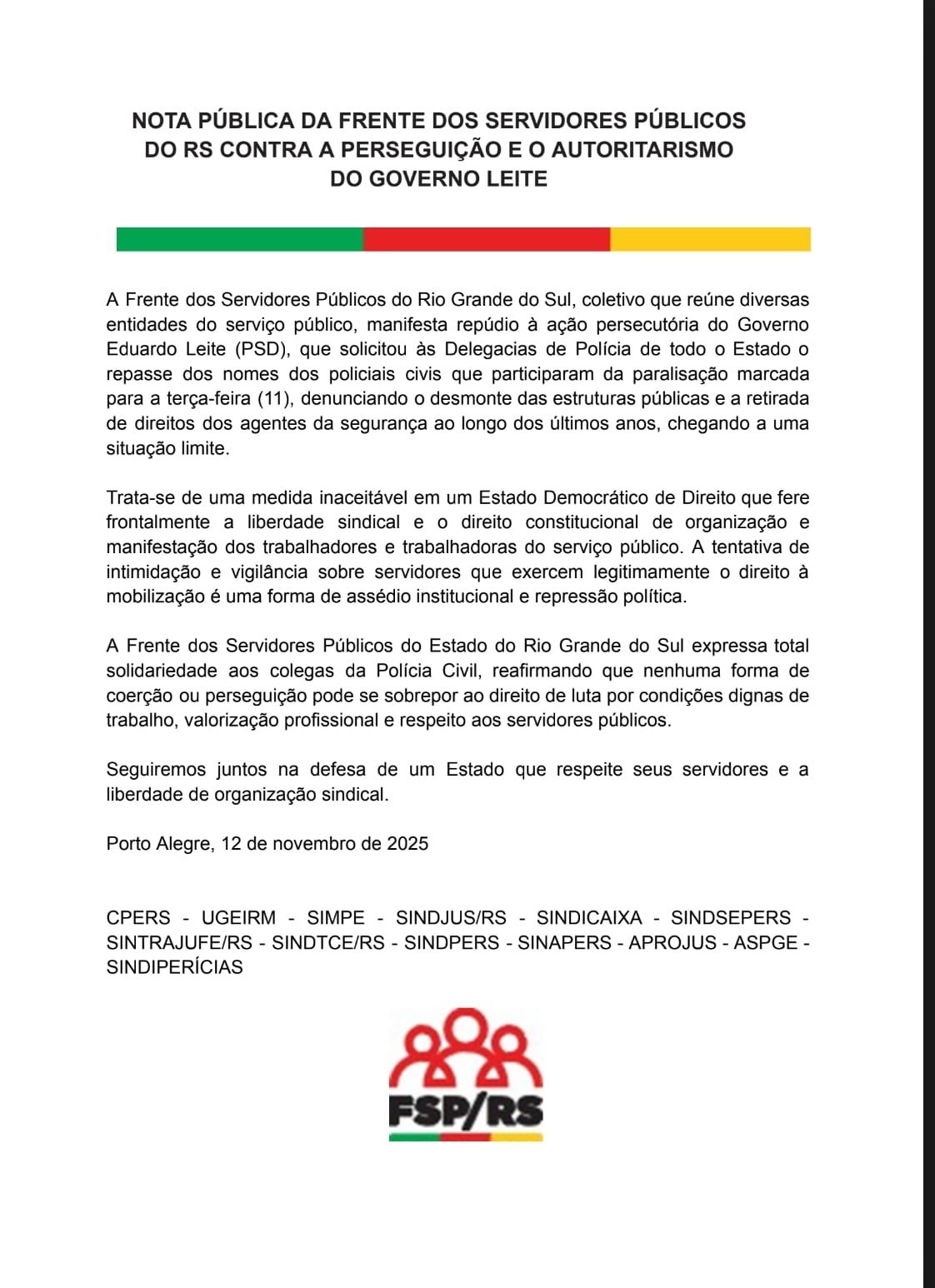 Frente dos Servidores Públicos publica nota contra perseguição e autoritarismo do governo Leite com policiais civis
